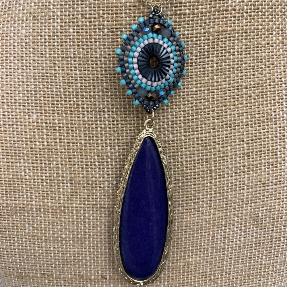 Agate Dyed Dark Blue with Western Beaded Design Necklace #casual #western